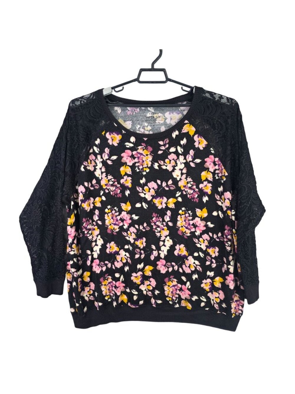 Womens Torrid Super Soft Plush Multicolor Floral Lace Raglan Sleeve Top Size 4